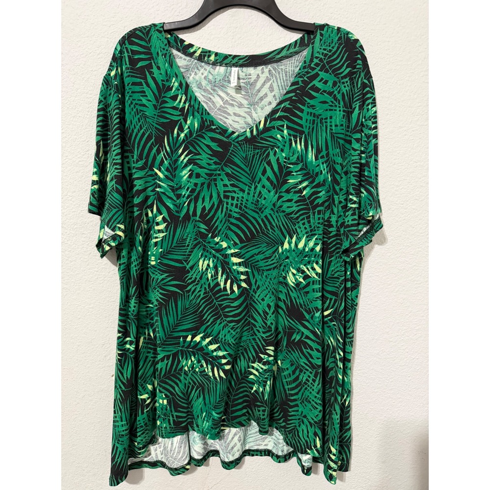 POPYOUNG Women Blouse 4XL Green Tropical Palm Leaf‎ V-Neck High-Low Short Sleeve